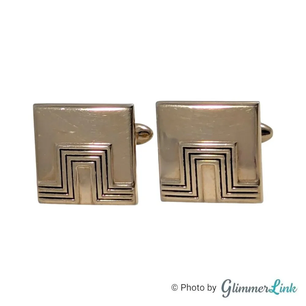 Vintage Swank MCM Square Geometric Black Lines Gold Tone Cufflinks